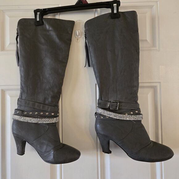 Vanity Gray Studded Rhinestone Knee High Boots Heeled Size 8.5 Alla VT - Picture 13 of 15